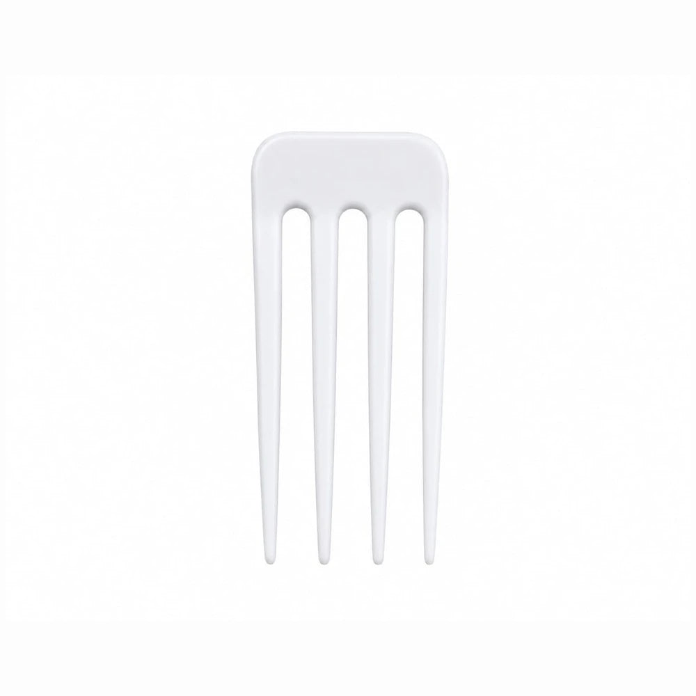 Adjustable plastic pleating hook with four tapered prongs in white, designed for fabric pleats and curtain headers.