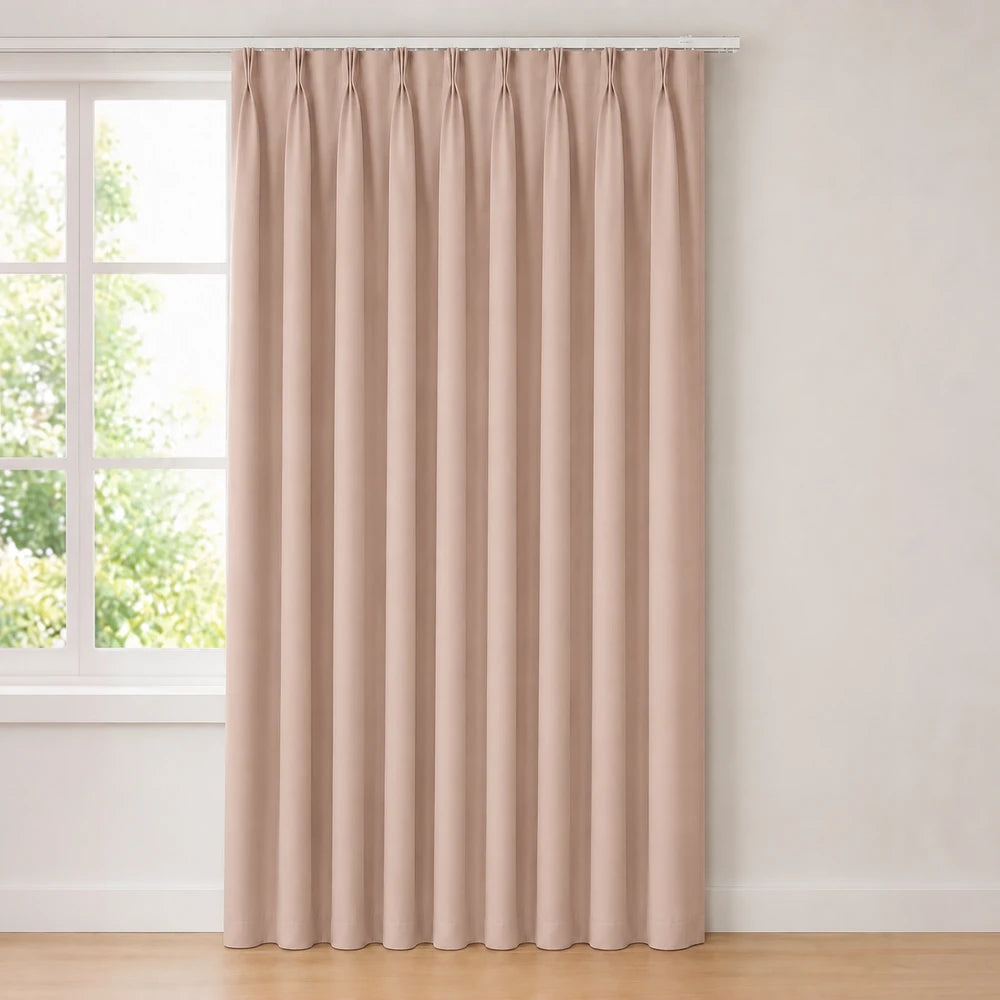 The Bahamas Unlined Taped Curtain in blush pink, soft fabric with a taped header, full-length window curtain.