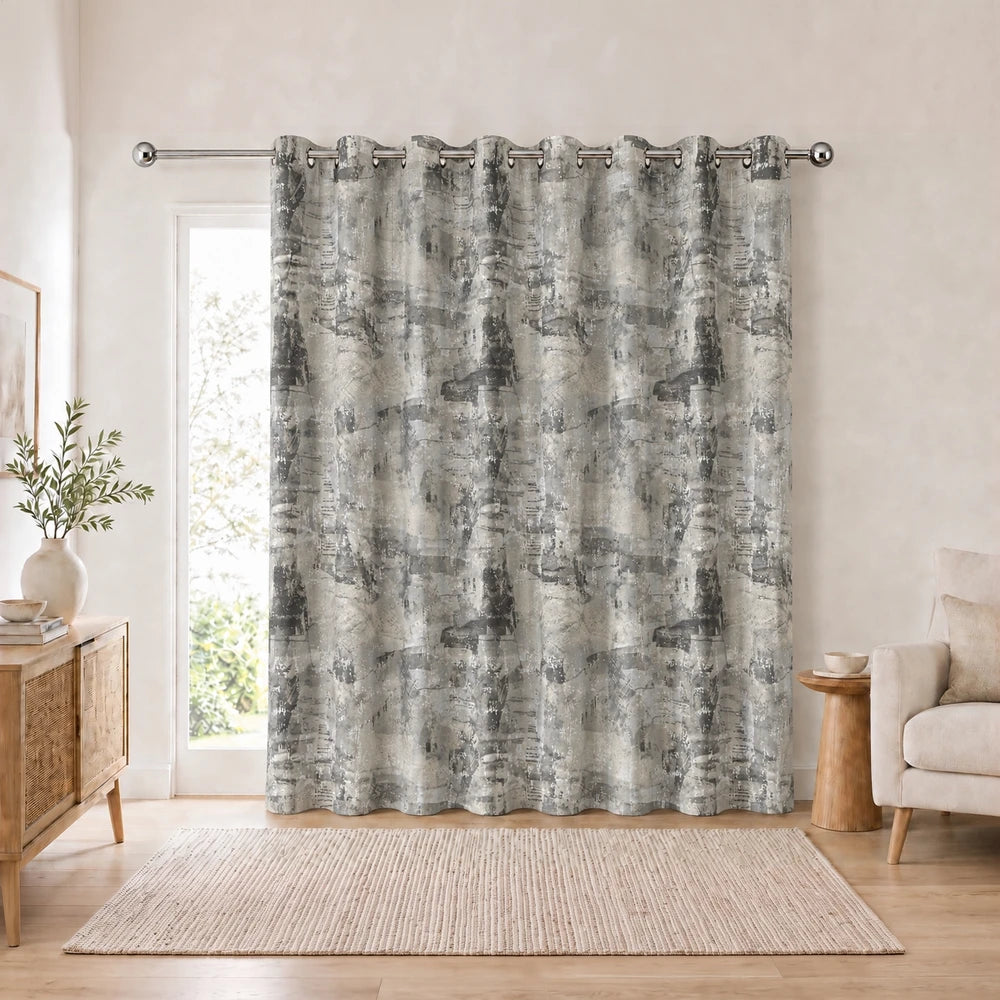 Barkweave Eyelet Lined Curtain in grey with a textured bark-inspired pattern and metal grommets for easy hanging.