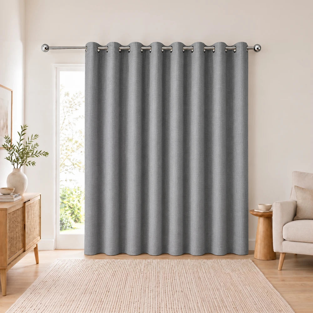 Barkweave Eyelet Lined Curtain in soft gray with textured weave, ready for rod with metal eyelets.