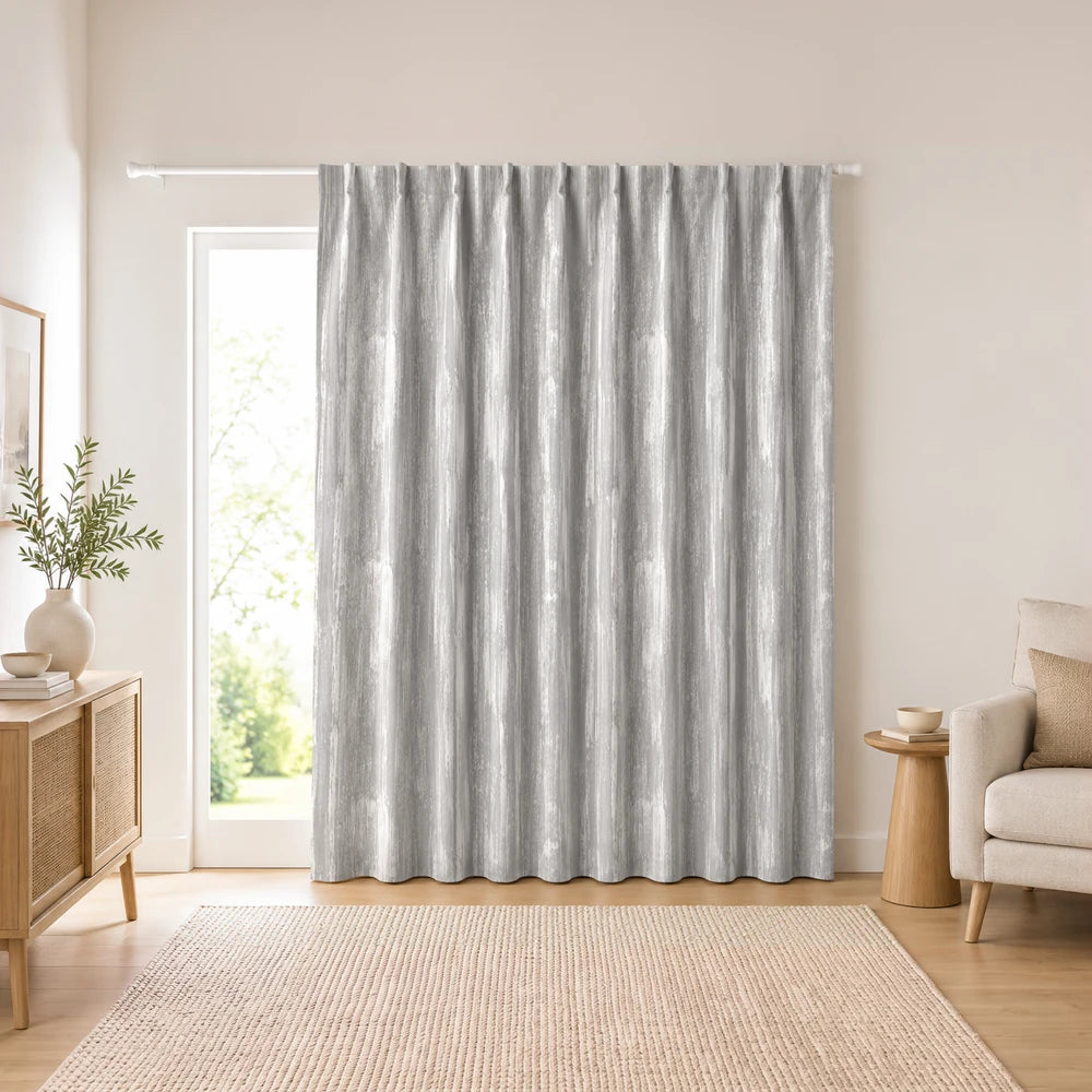 Barkweave Taped Lined Curtain in light gray with a subtle textured weave, providing privacy and a soft neutral look for