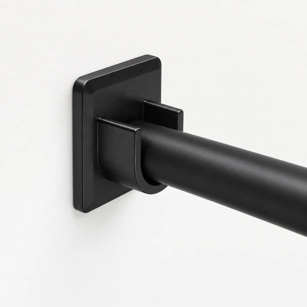 Black U-Inside Pole Bracket with a square base, designed to hold a cylindrical pole, mounted on a wall.
