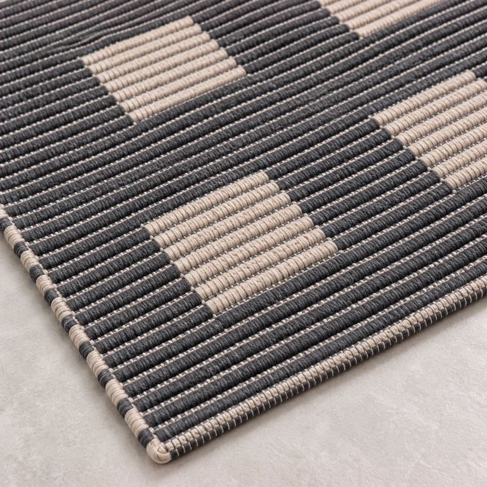 Block Pattern Bathroom Mat Set in black and beige with a woven striped texture for bath floor use