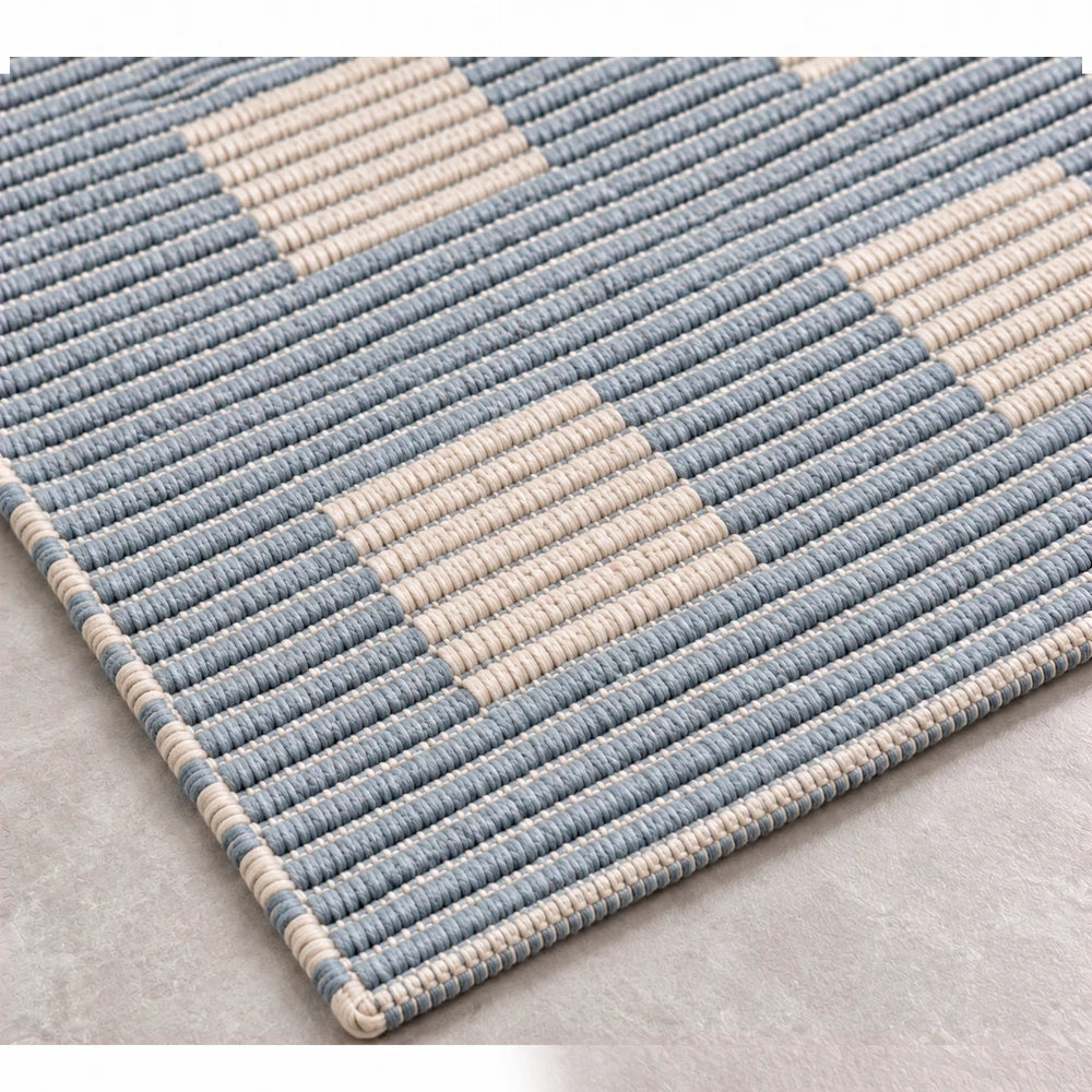 Block Pattern Bathroom Mat Set in blue and beige woven design with a textured surface.