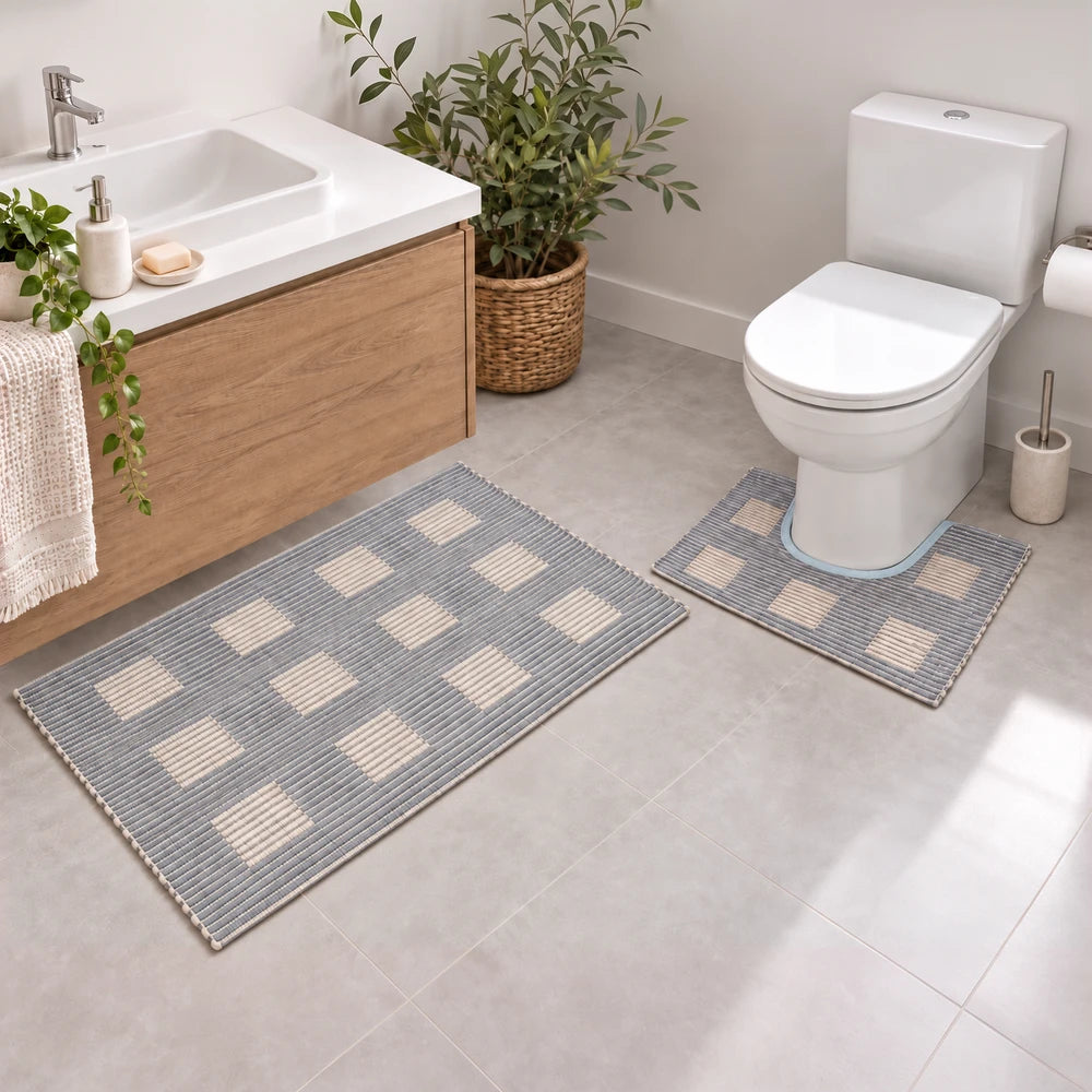 Block Pattern Bathroom Mat Set in blue-gray with cream square blocks; includes large bath rug and smaller matching mat for
