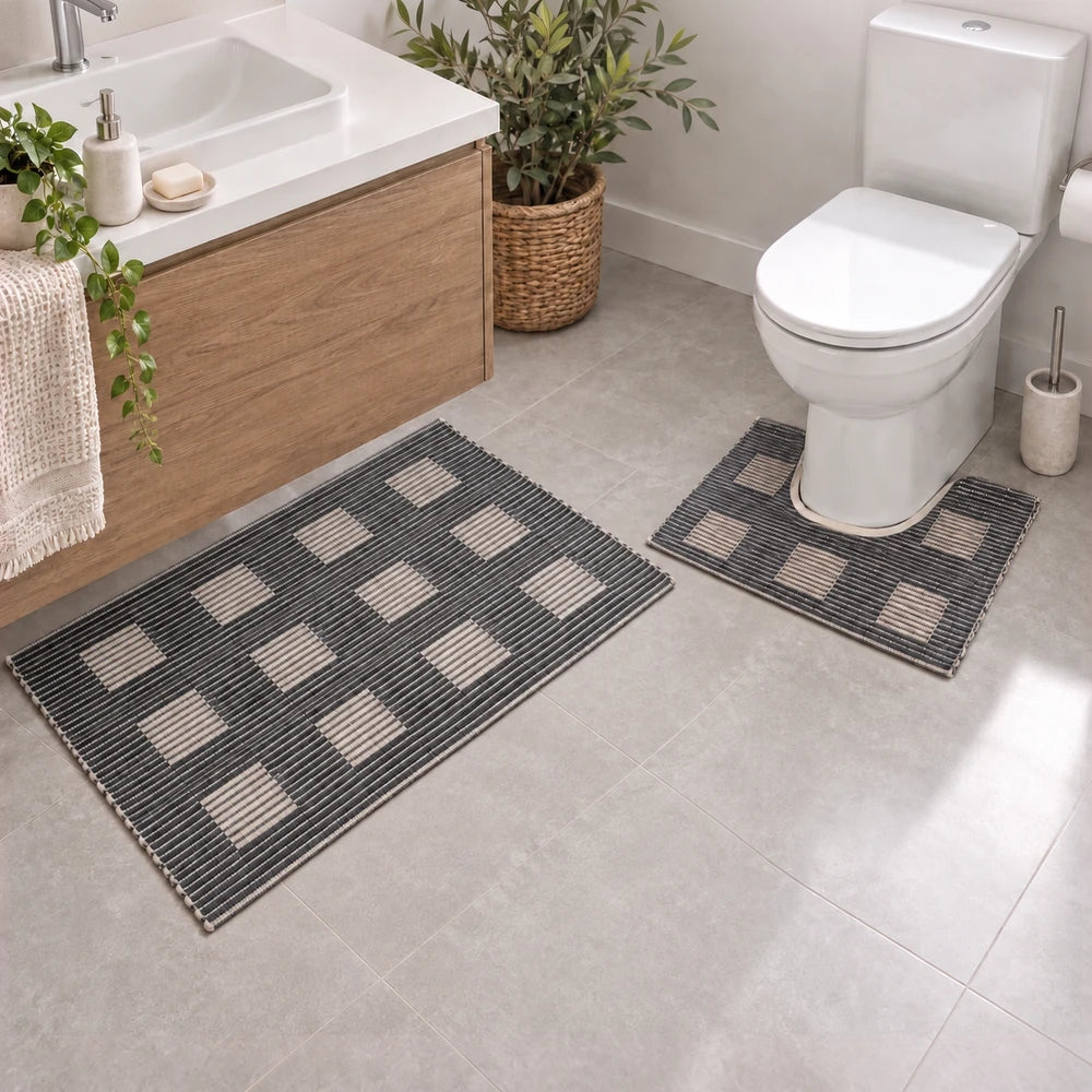 Block Pattern Bathroom Mat Set featuring dark gray with light gray square accents, designed for bathroom floors and