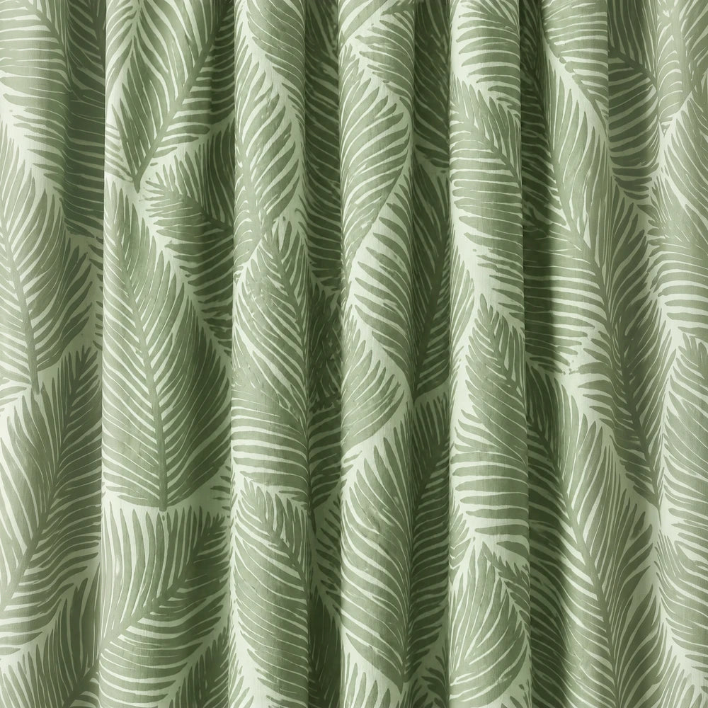 Bold Palm Leaf Paste Print Taped Lined Curtain in green palm leaf design, a tropical window treatment with lined fabric.
