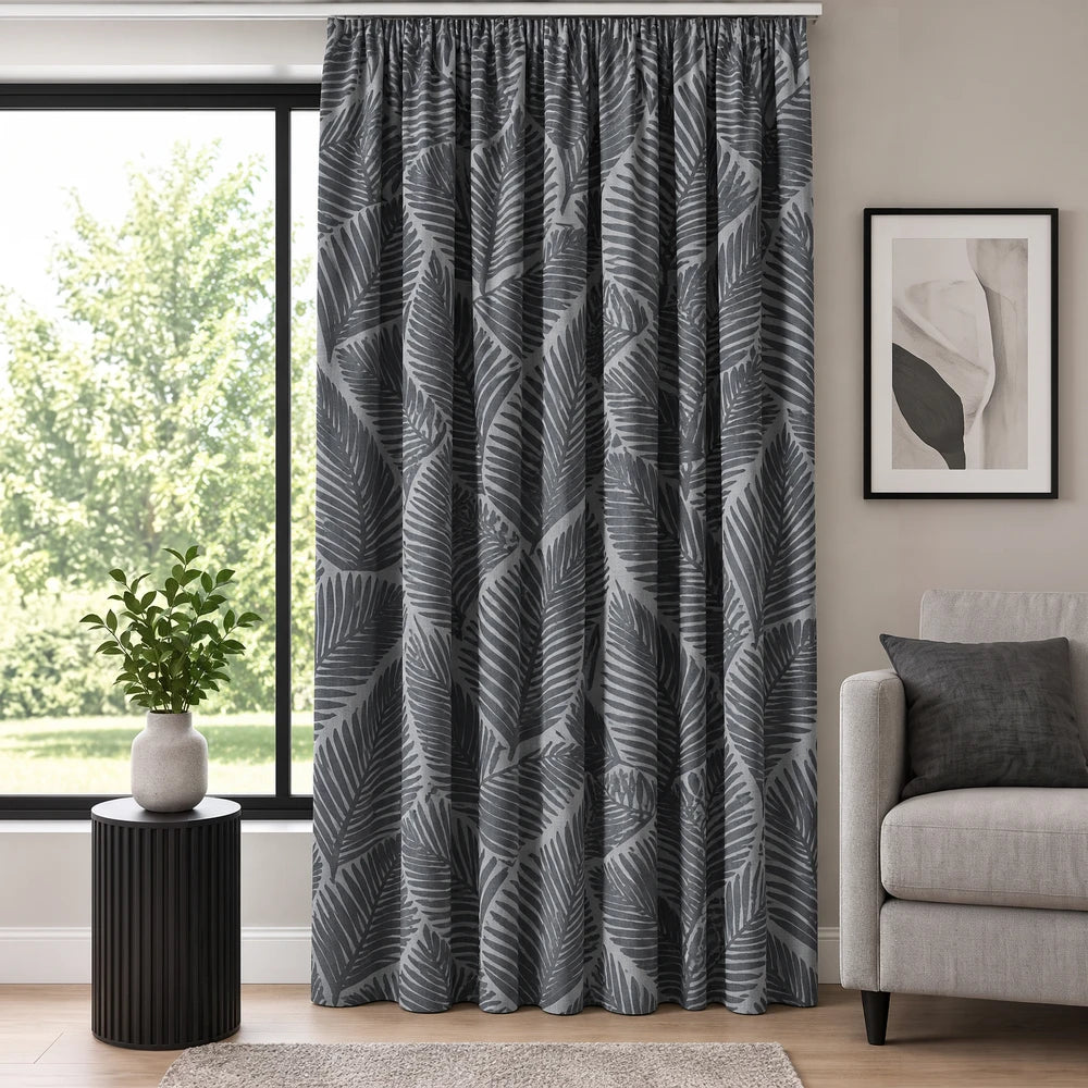 Bold Palm Leaf Paste Print Taped Lined Curtain in dark grey with a large palm leaf pattern, ideal for modern living spaces.