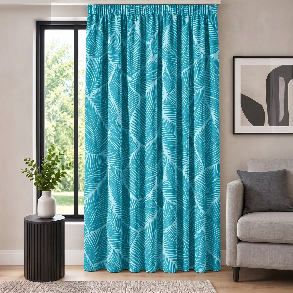 Bold Palm Leaf Paste Print Taped Lined Curtain in teal with tropical leaf pattern, lightweight polyester window curtain.