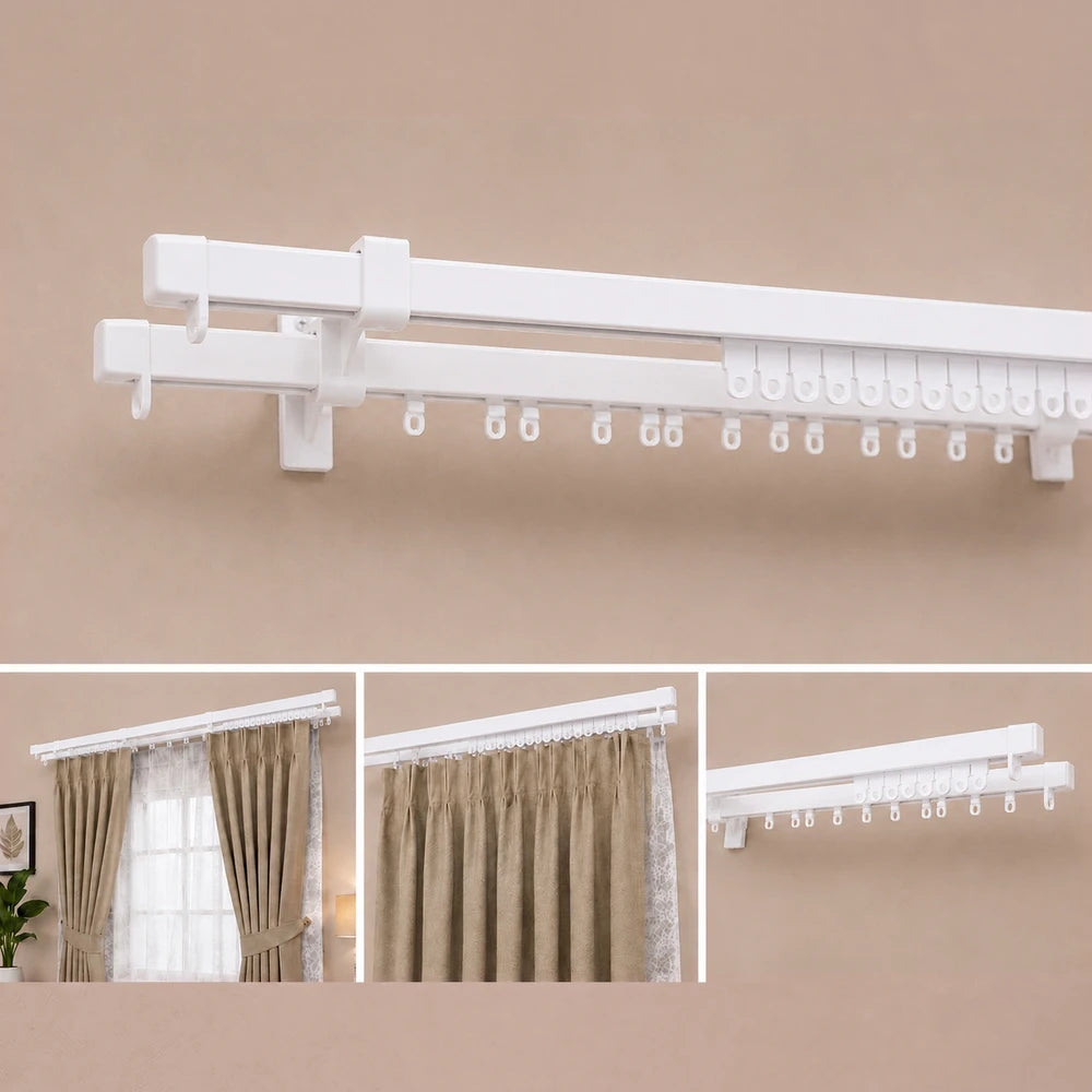 C-Track Double Curtain Rail in white, ceiling-mounted dual-track system with multiple hooks for curtains.