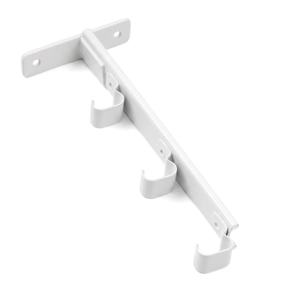 White C-Track metal triple wall bracket pair, featuring three curved hooks for wall mounting, seen from a slightly angled