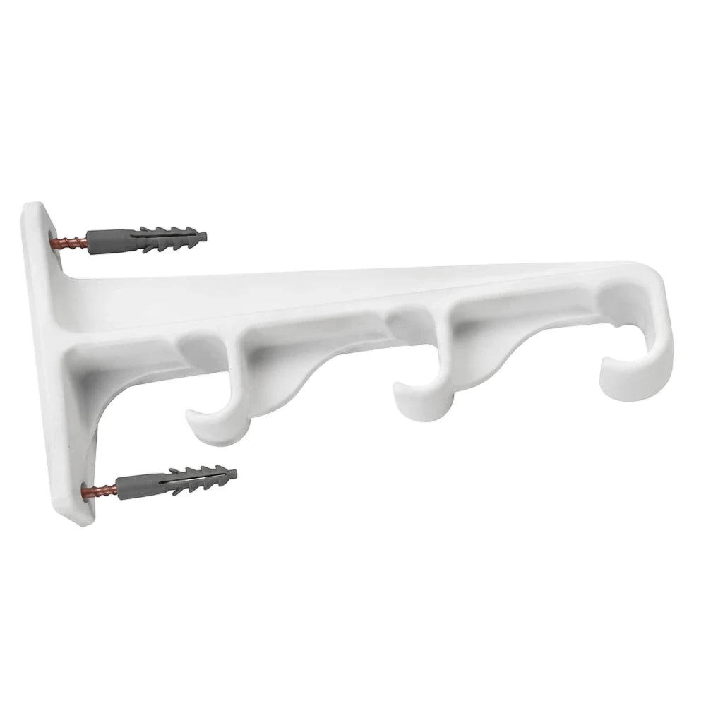 White plastic C-Track triple bracket pair with three C-shaped hooks, shown with two gray wall plugs and copper screws for