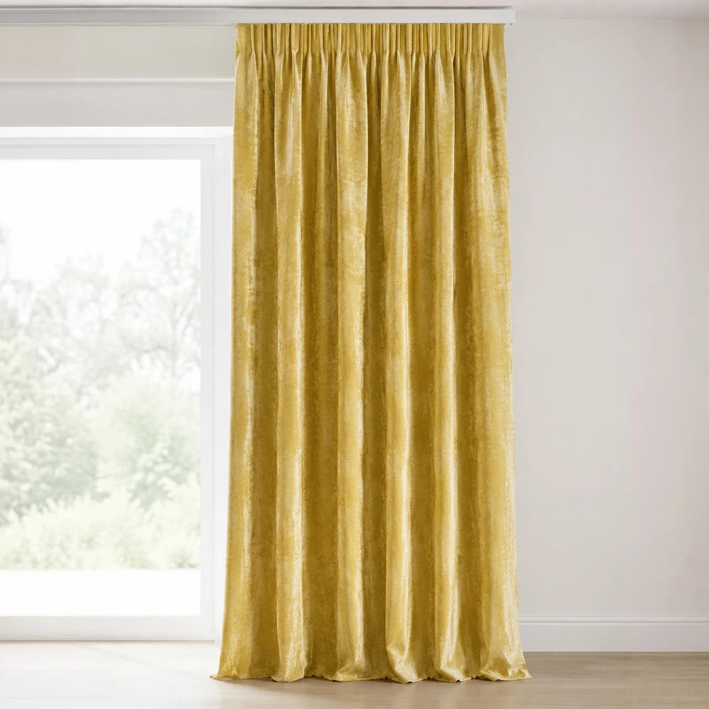 Carducci Abstract Velvet Unlined Taped Curtain in gold, plush velvet texture with a soft, luxe drape.