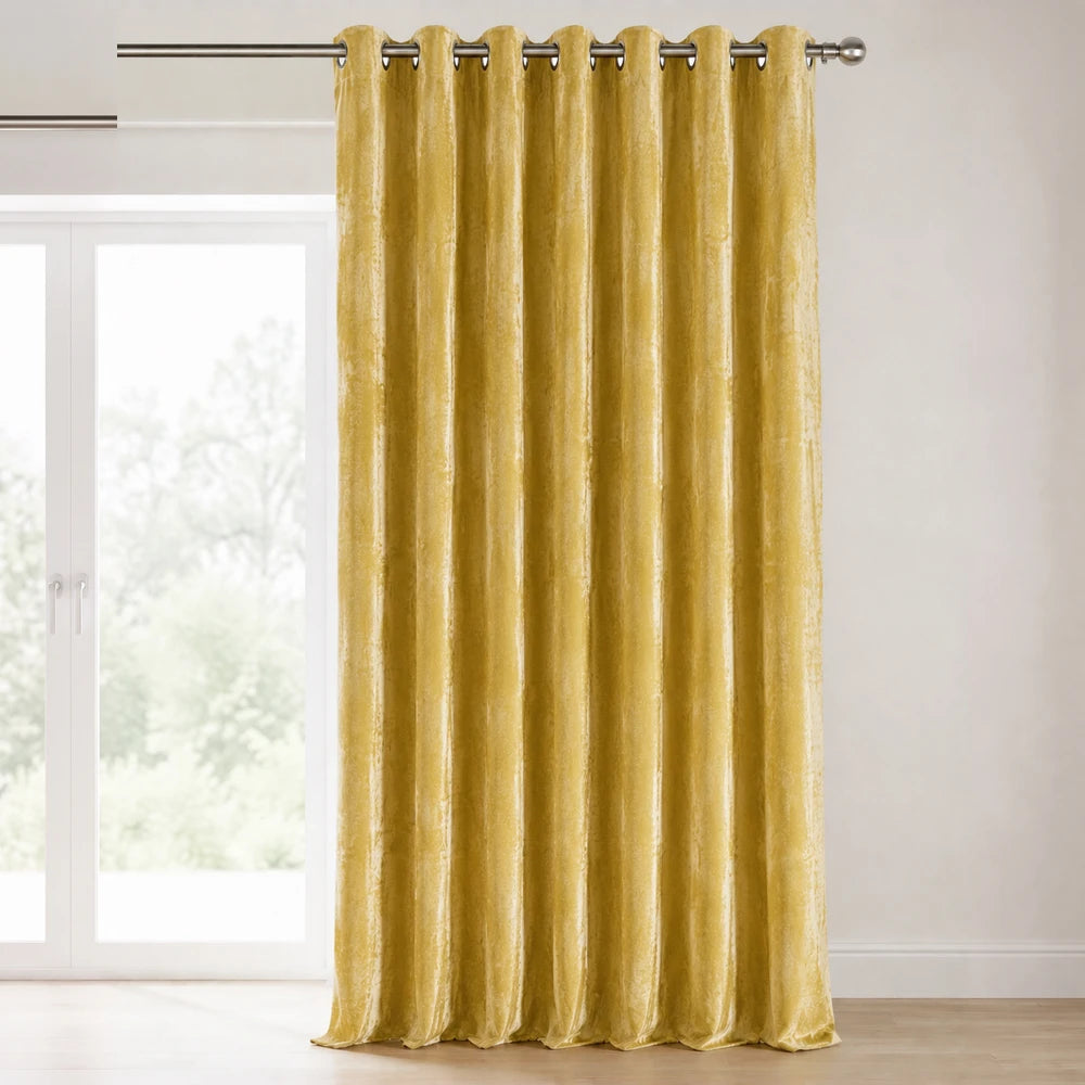 Carducci Abstract Velvet Unlined Eyelet Curtain in golden yellow velvet with metal eyelets for a decorative drape