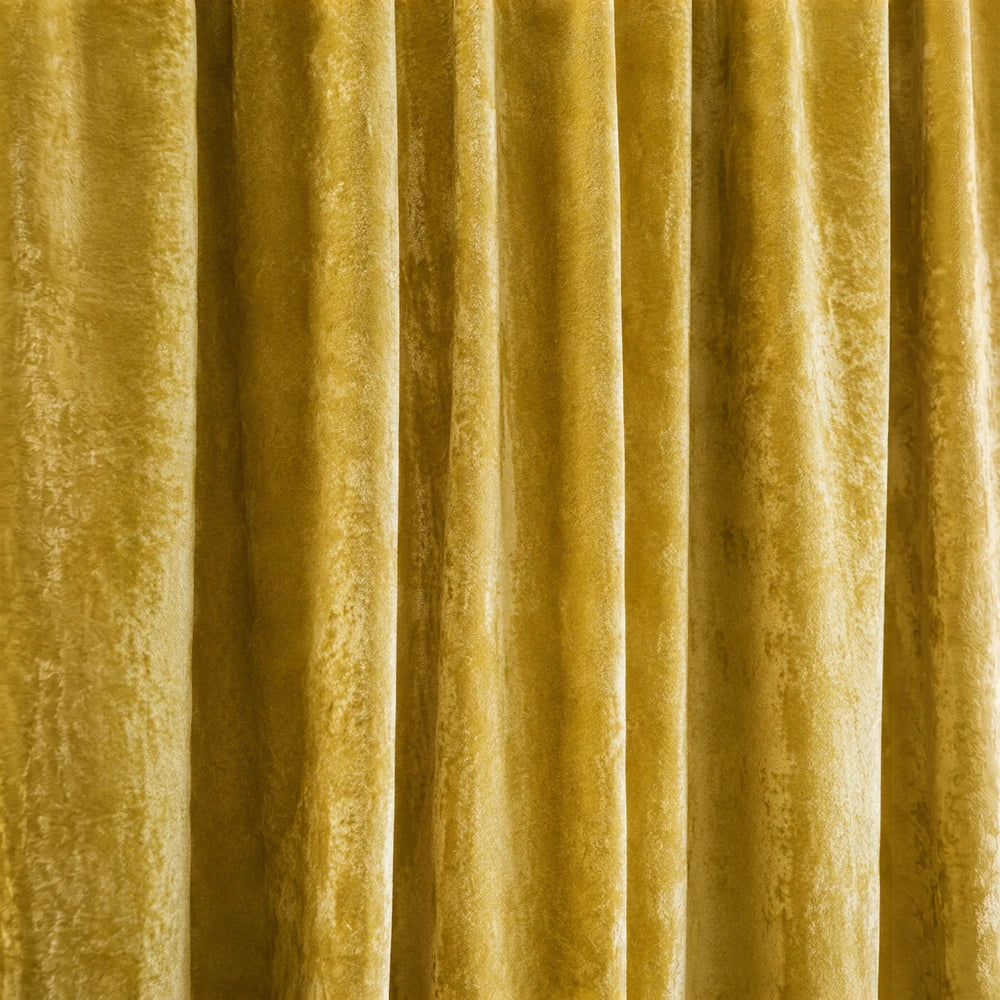 Carducci Abstract Velvet Unlined Taped Curtain in gold velvet with plush texture and clean vertical drape.