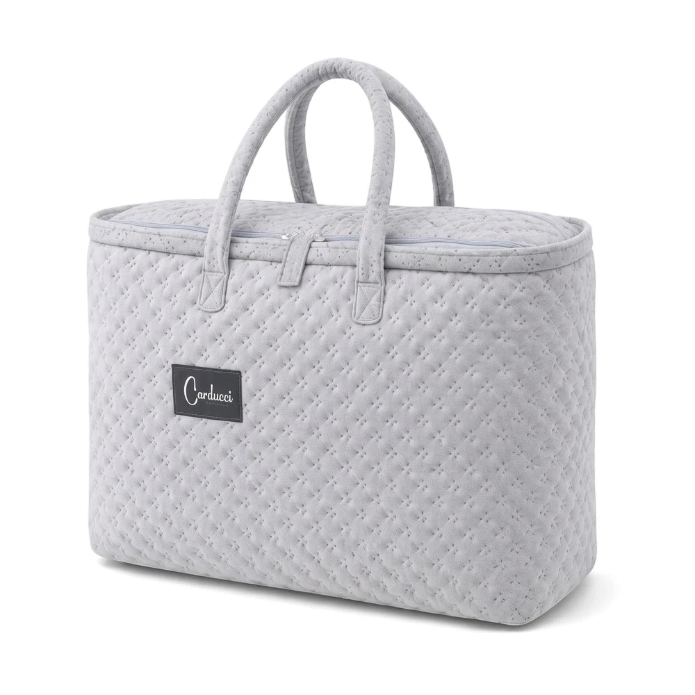 Grey velvet pinsonic quilted storage bag with two top handles and a Carducci label, viewed from the front and side.