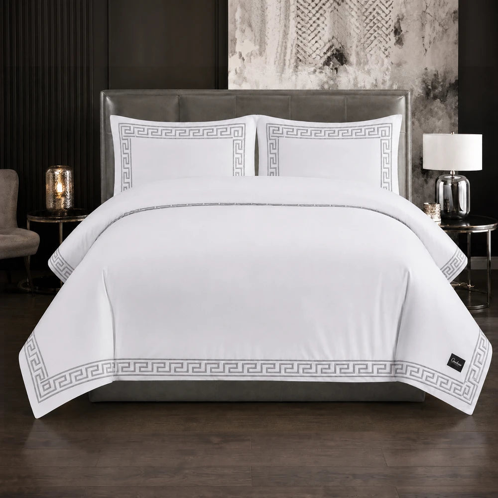 Carducci Odessa 100% cotton embroidered duvet cover in white with a grey Greek-key border.