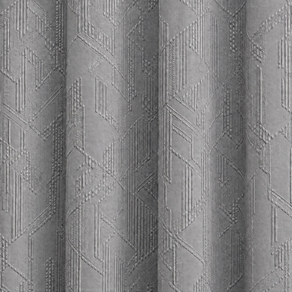 Carducci Velvet Textured Unlined Taped Curtain in soft gray with geometric quilted pattern and taped header.