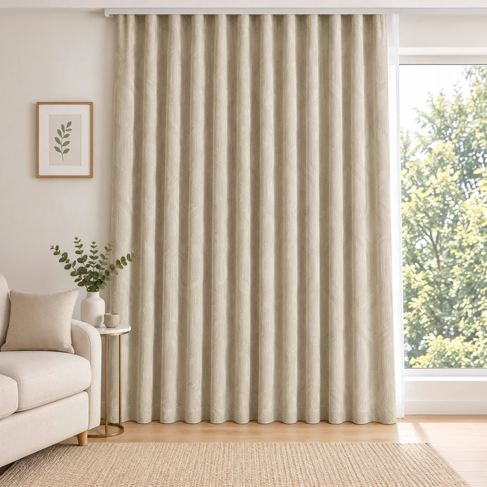 Carducci Velvet Textured Unlined Taped Curtain in beige cream, soft velvety fabric with subtle geometric texture for living