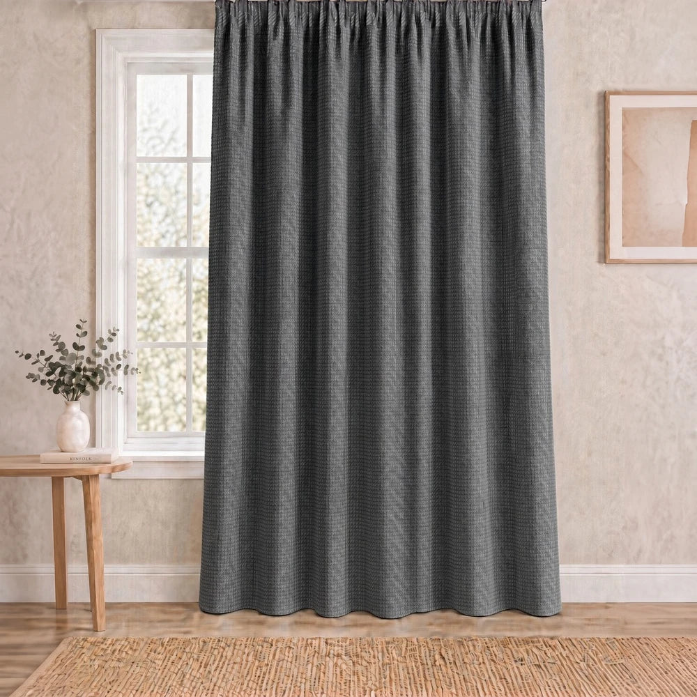 Charlie Textured Taped Lined Curtain in dark gray with subtle geometric texture for a modern, room-darkening look.