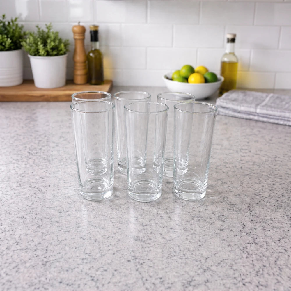 Classic 6-Piece Highball Glass Set in clear glass, tall tumblers ideal for cocktails and everyday beverages.