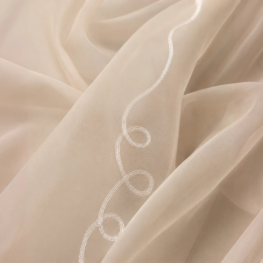 Cornely Plain Voile curtain in beige with white embroidered edge, 5m taped curtain for elegant light filtering.