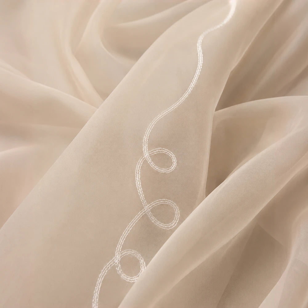 Cornely Plain Voile Curtain 290 x 218cm in beige with white embroidered swirl trim; a sheer, lightweight curtain for soft