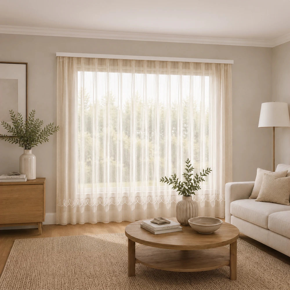 Cornely Plain Voile Curtain, cream sheer fabric, 290 x 218 cm, adds soft privacy and light to a living room.
