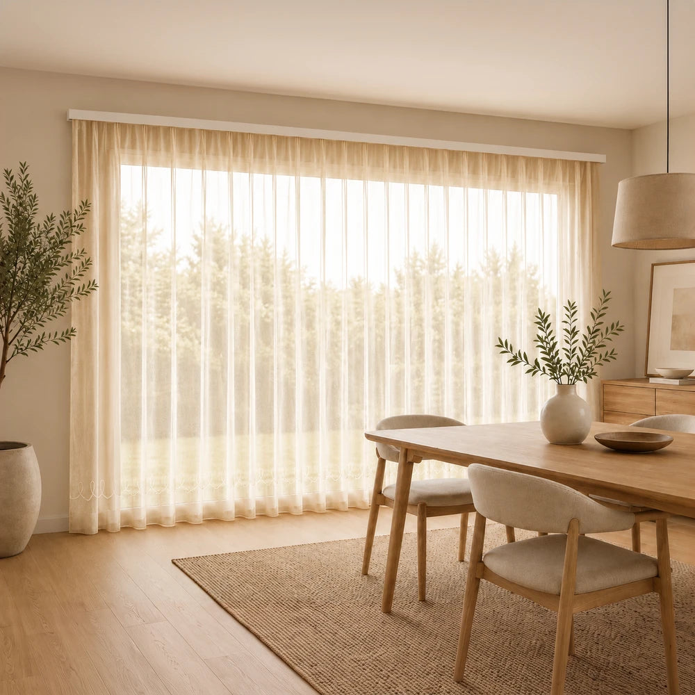 Cornley Frosted Voile 5m taped curtain in soft cream, sheer fabric for natural light and privacy.