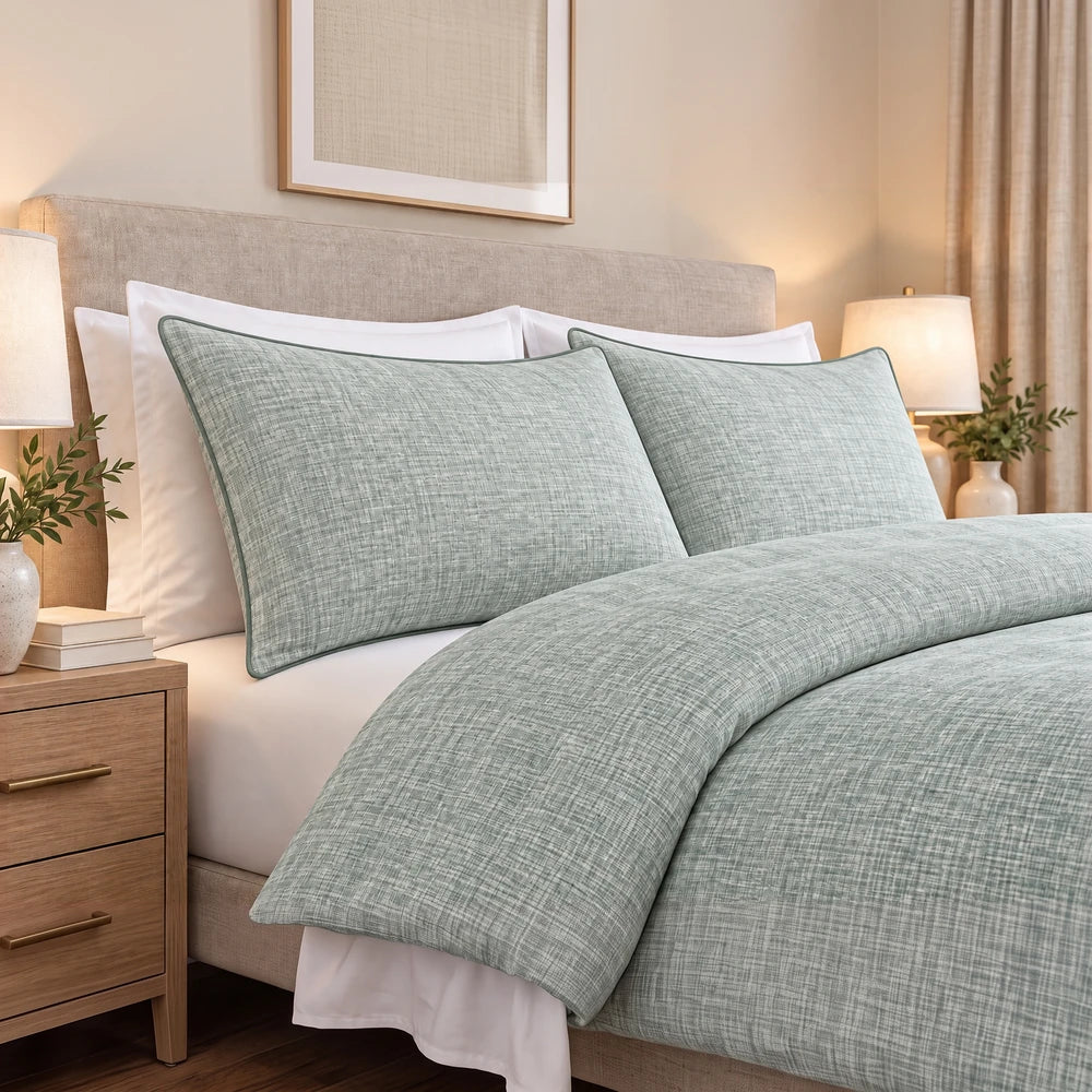 Cotton Co. Cashmere Linen Luxury Duvet Cover Set in soft sage green with a textured weave and matching pillow shams