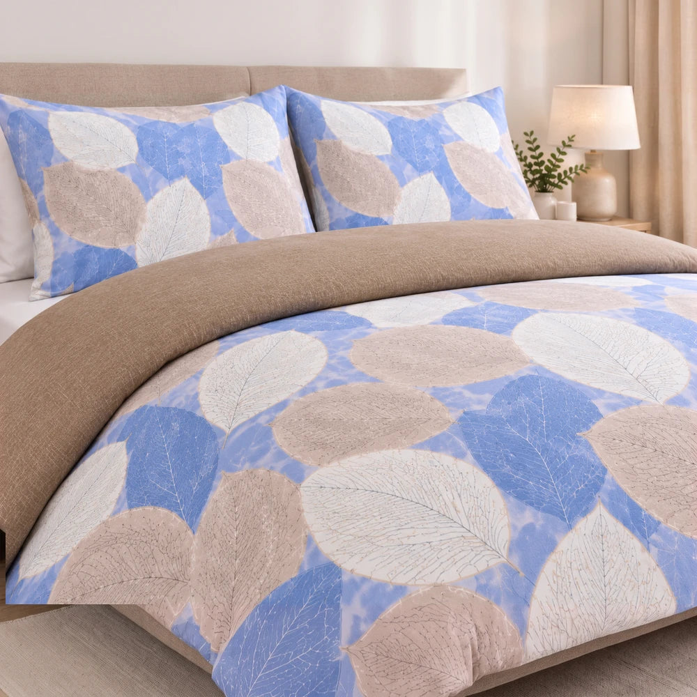 Cotton Co Duvet Cover Set - Margo in blue and beige leaf print with soft cotton fabric and matching pillow shams for a