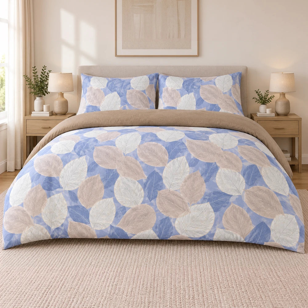 Cotton Co Duvet Cover Set - Margo, blue leaf pattern in beige and white on soft cotton bedding.