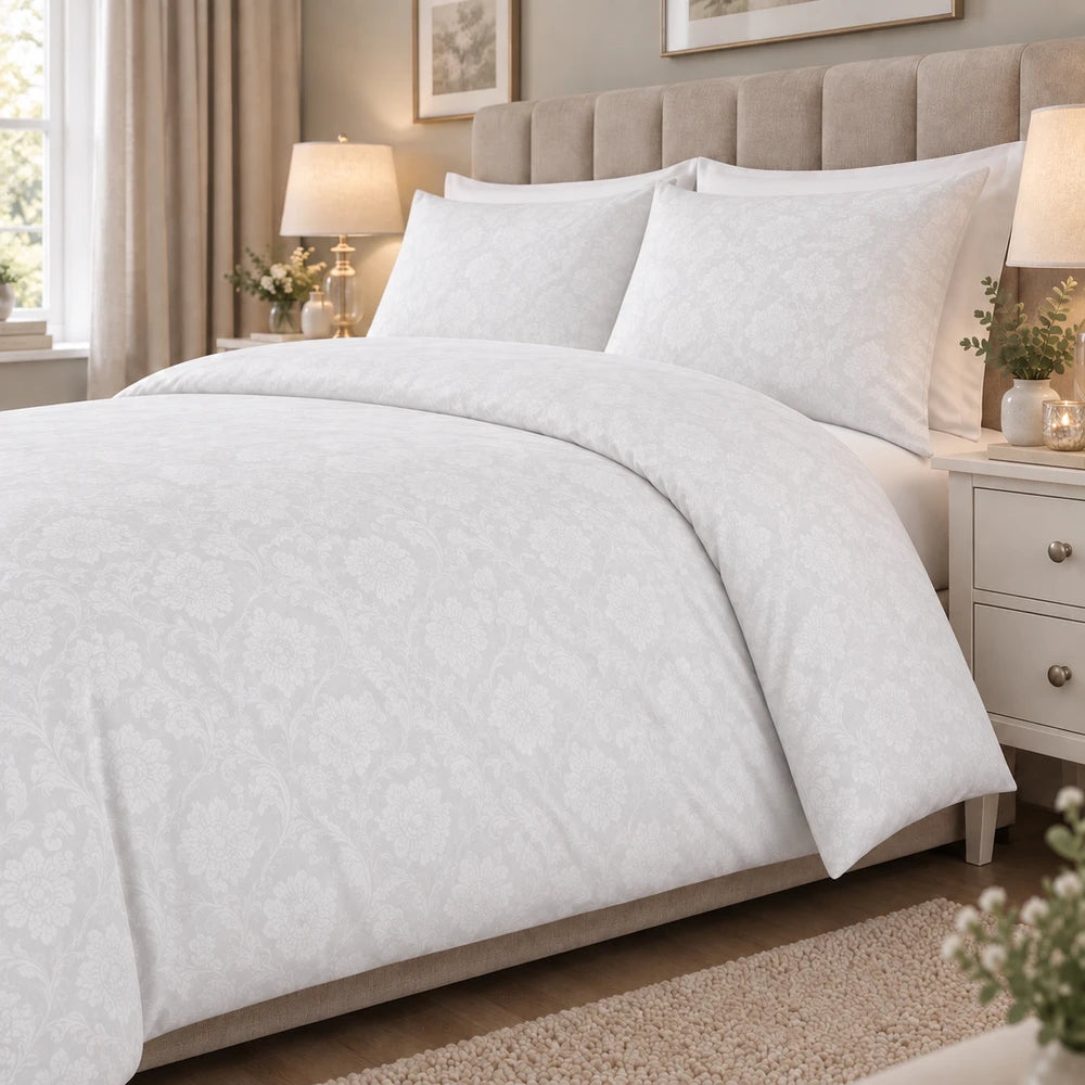 Cotton Co Kate Duvet Cover Set in white with a subtle damask floral pattern and soft cotton fabric