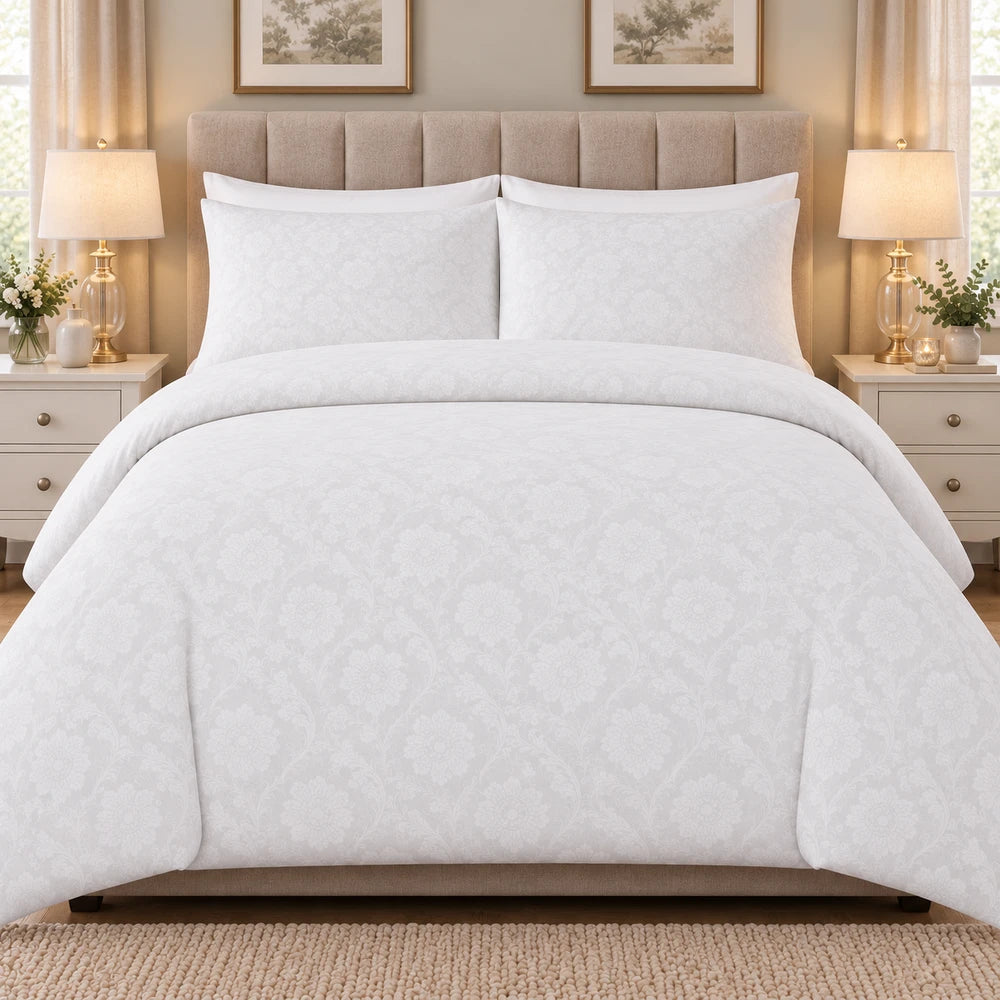 Cotton Co Kate Duvet Cover Set in white with a subtle damask pattern; soft cotton fabric with matching pillow shams on a