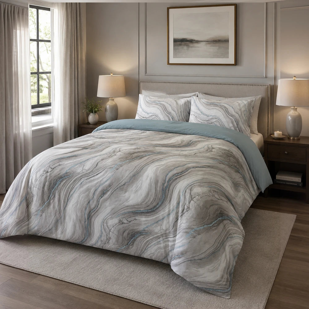 Cotton Co Premium Comforter Set in gray marble pattern with blue veining, soft cotton fabric for a calming bedroom look.