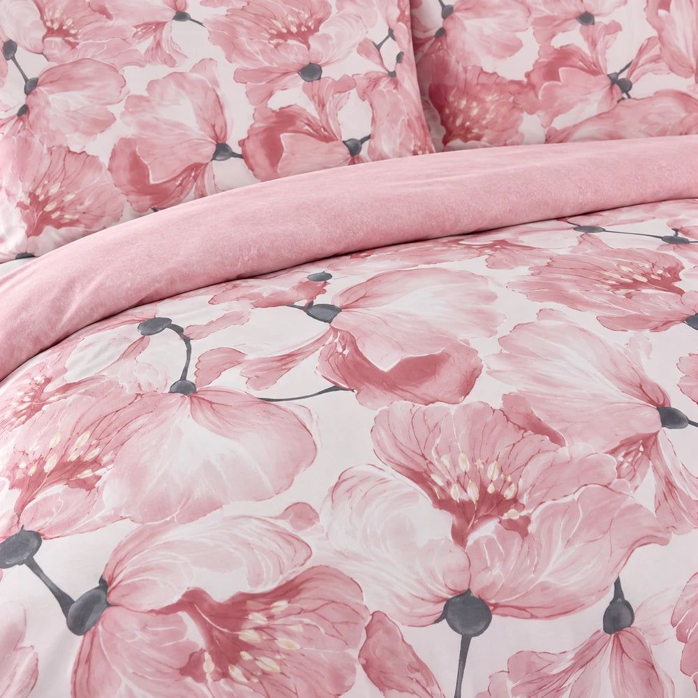 Cotton Co Premium Comforter Set in pink floral pattern, soft cotton feel with large blossoms and gray stems