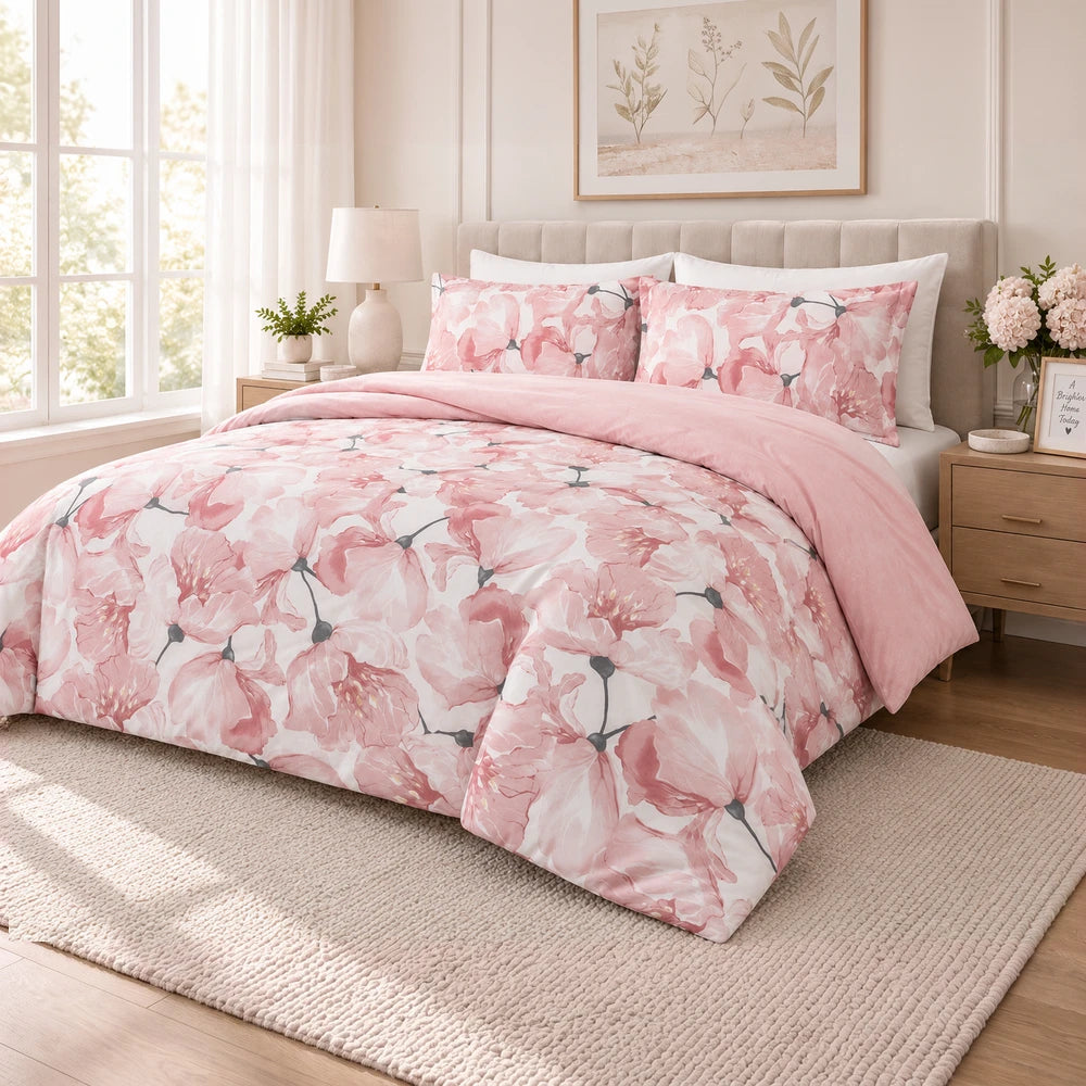 Cotton Co Premium Comforter Set in pink floral print with white background, includes matching pillow shams for a coordinated