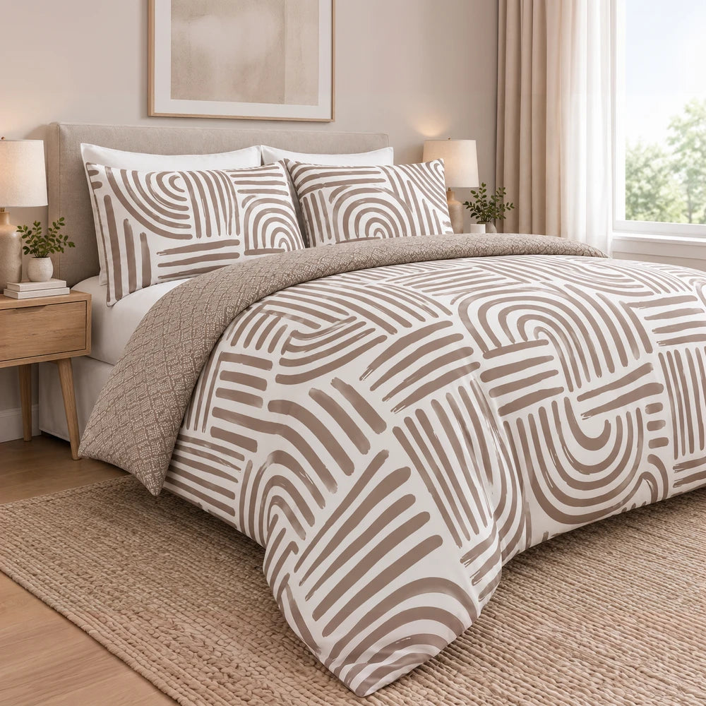 Cotton Co Zaria duvet cover set in beige with abstract brown line pattern; includes matching shams for a contemporary
