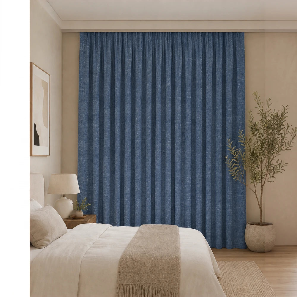Crepe Taped Lined Curtain in blue, full-length 230 x 218 cm with textured fabric and classic drape.
