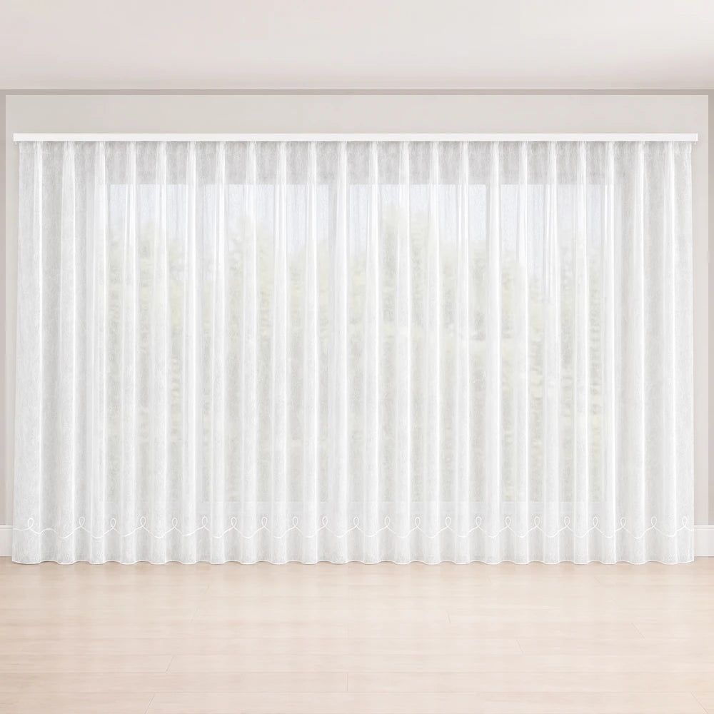 Crushed Cornely Voile 5m taped curtain in white with delicate embroidered hem, sheer light-filtering fabric for broad window