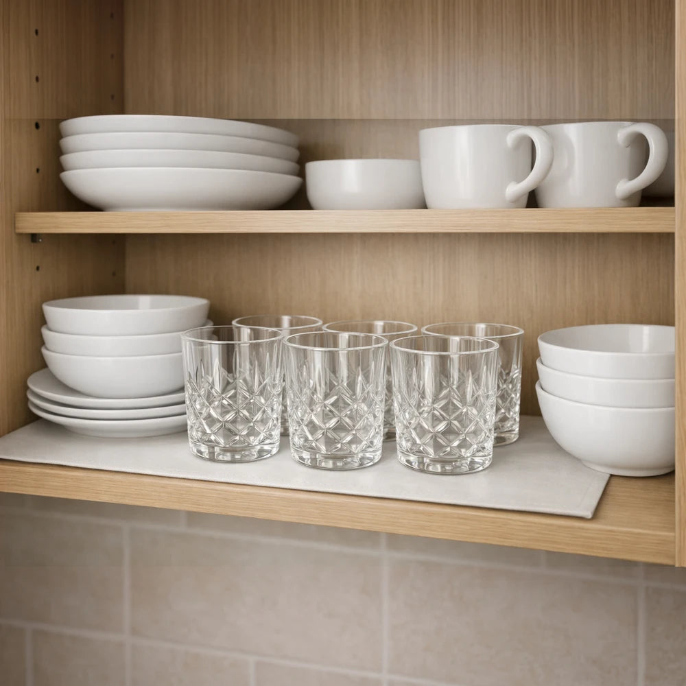 Crystal-cut whiskey tumbler glasses set of 6, 250ml, clear glass with faceted diamond pattern on a wooden shelf.