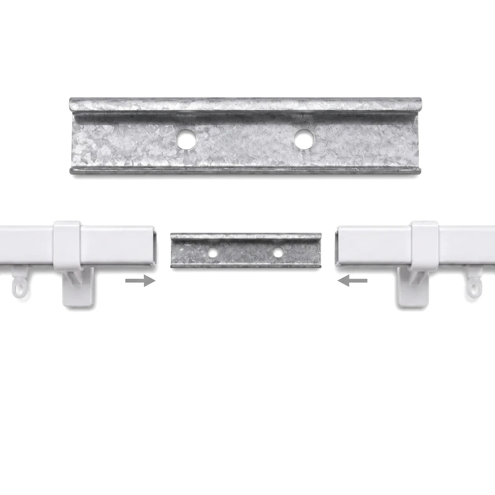 Close-up of a curtain track rail joiner in metallic grey, used to connect two white curtain track sections. Each section has