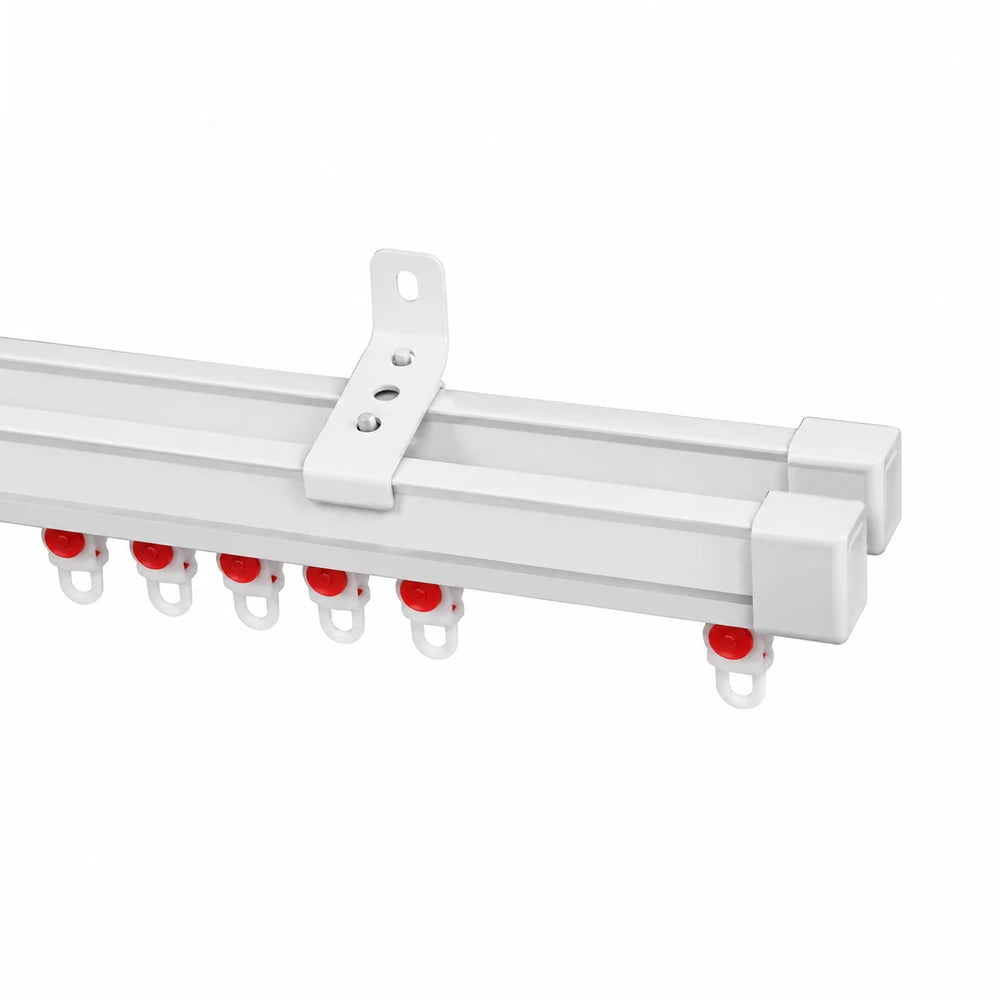 Curtain Wheel Runners set on a white metal curtain rail with red wheels and mounting bracket.