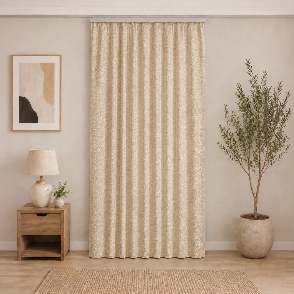Diamond Textured Unlined Taped Curtain in beige with a subtle diamond pattern, offering soft drape and classic home styling.