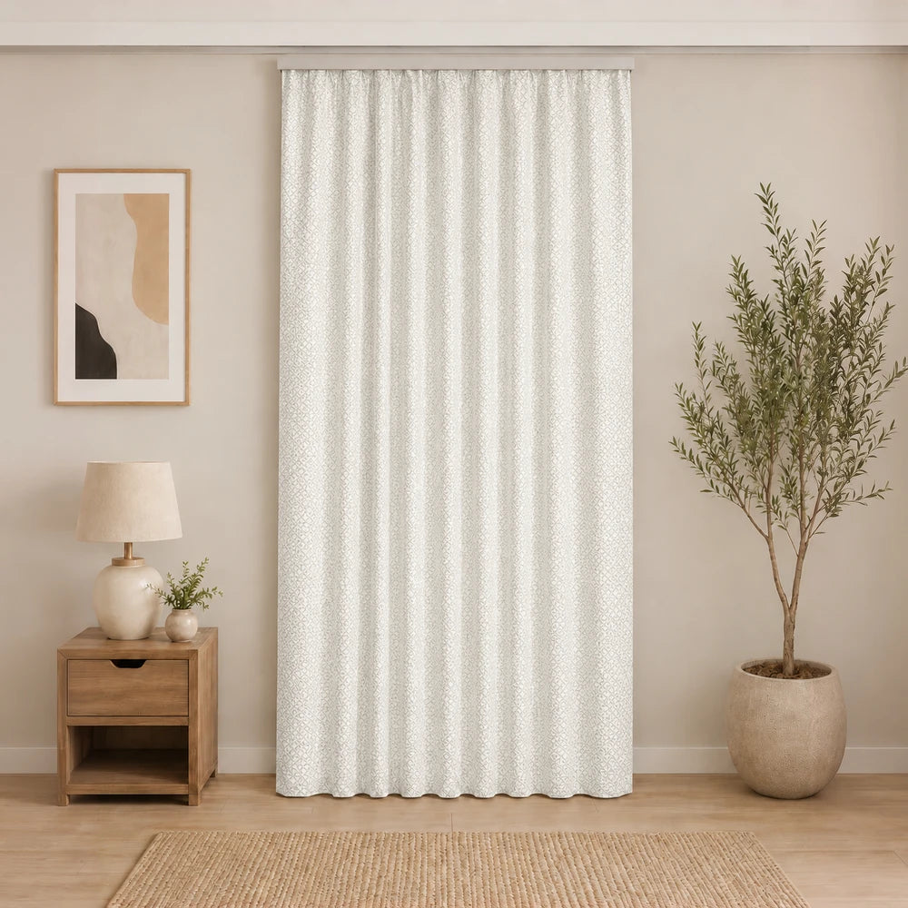Diamond Textured Unlined Taped Curtain in cream with subtle diamond pattern, ready to hang for windows