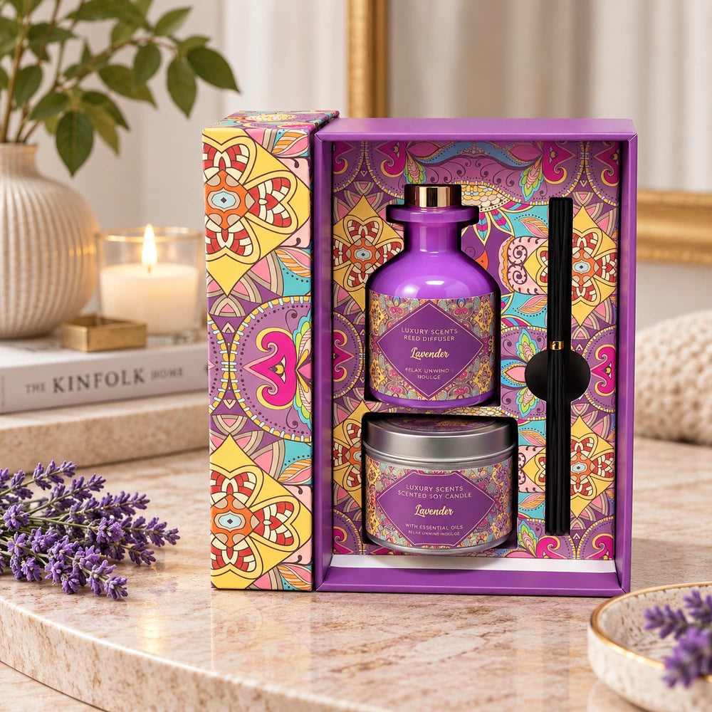 Eastern Scent Fragrance Gift Set featuring a purple diffuser bottle, lavender candle, and black diffuser sticks in a vibrant
