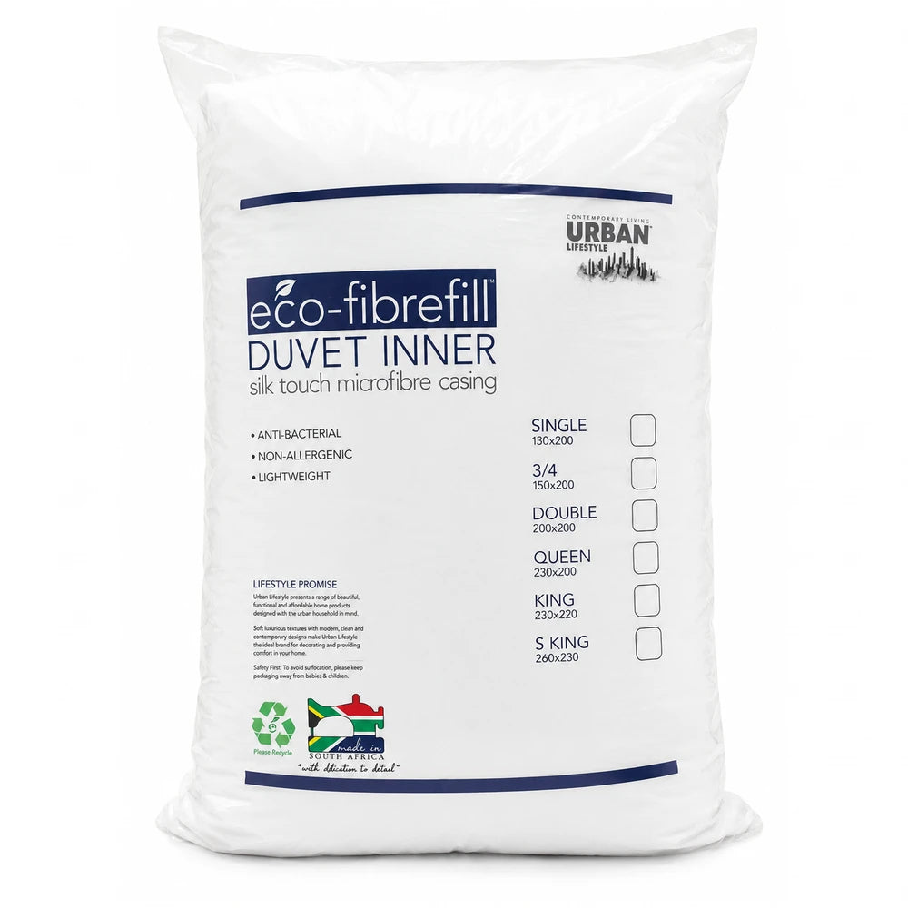 Eco-fibrefill Duvet Inner in white packaging with silk touch microfibre casing, anti-bacterial, lightweight