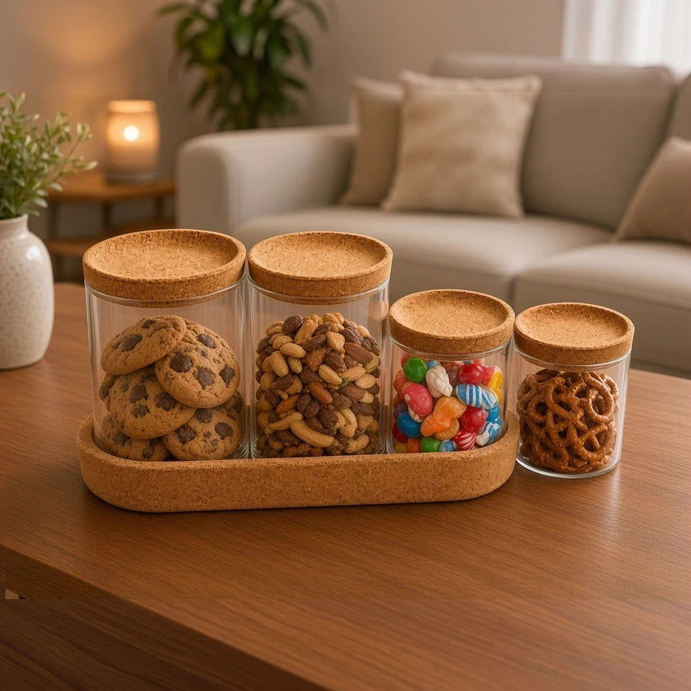 Elegant 4-piece glass storage jar set with cork lids and wooden tray, showcasing cookies, nuts, candy, and pretzels.