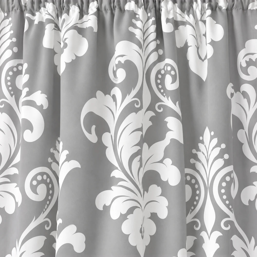 Elegant damask paste-print taped-lined curtain in gray with a bold white damask motif, offering a refined, classic look for
