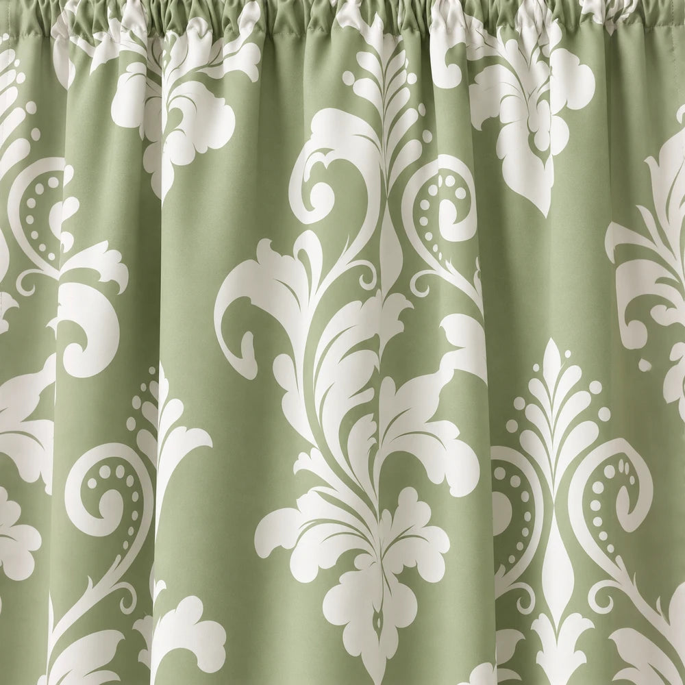 Elegant Damask Paste Print Taped Lined Curtain in green with white ornate damask pattern, suitable for living room or